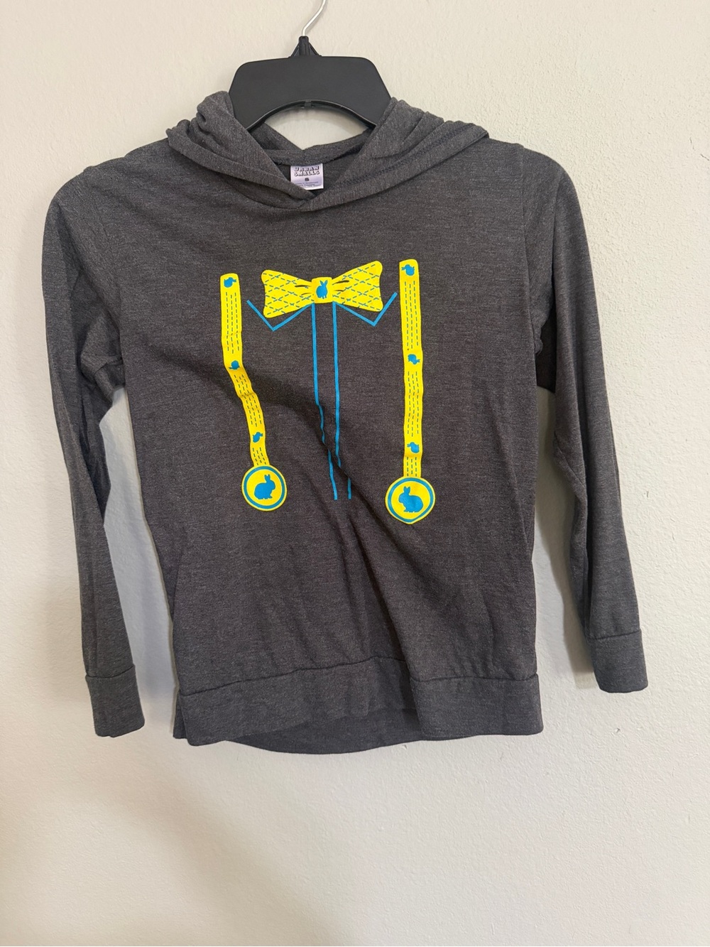 Kids Grey Hooded Tee with graphic Yellow Bow & Suspenders Graphic